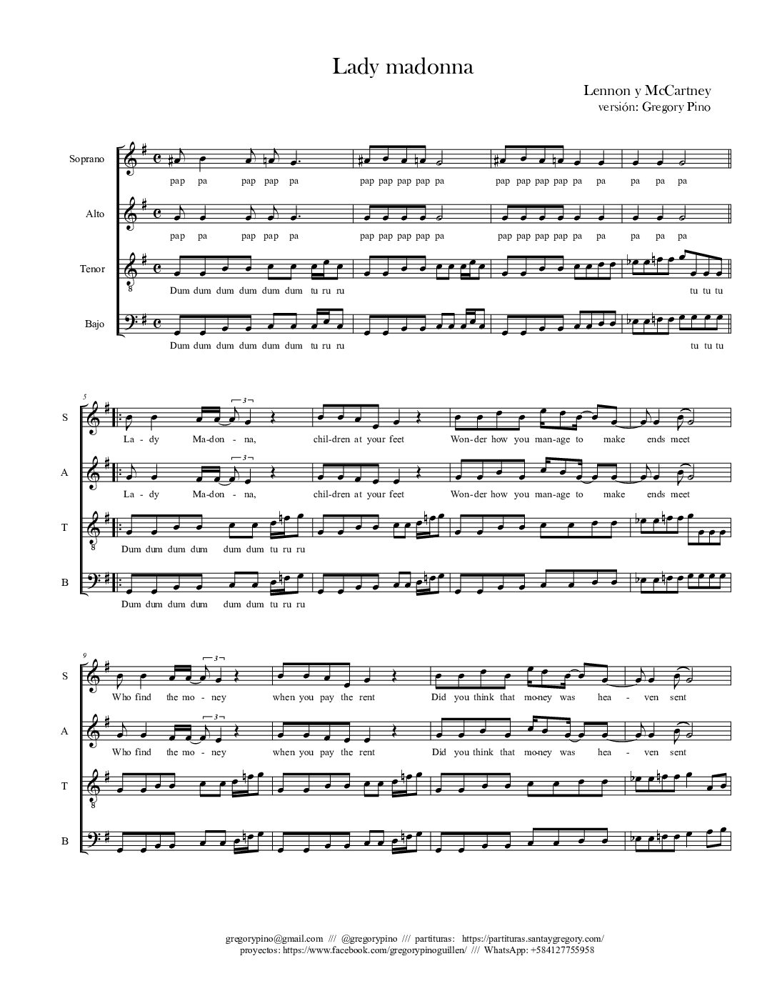 Lady Madonna - Lennon y McCartney - coro voces mixtas SATB