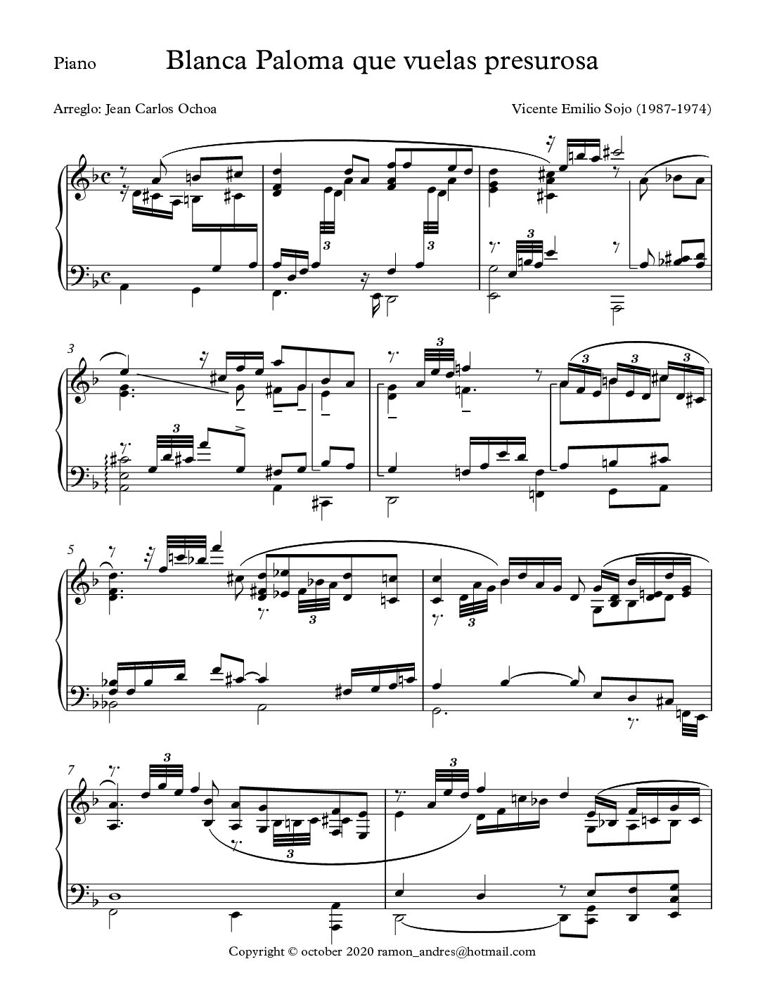 Blanca paloma que vuelas presurosa - V. E. Sojo - piano