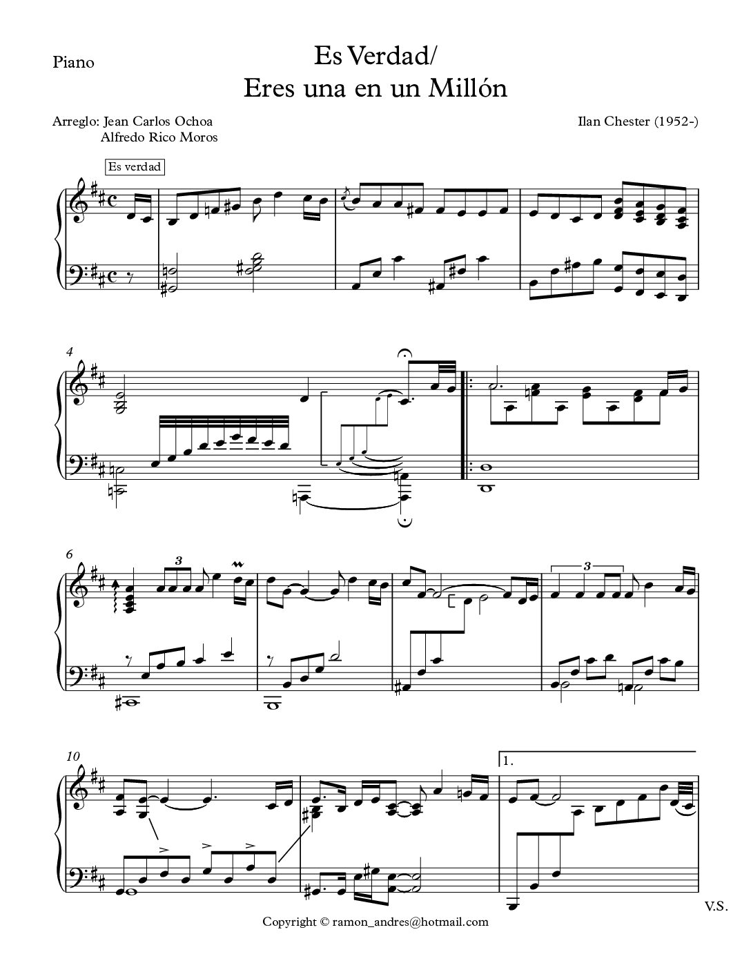 Es verdad - eres una en un millón - Ilan Chester para piano solo