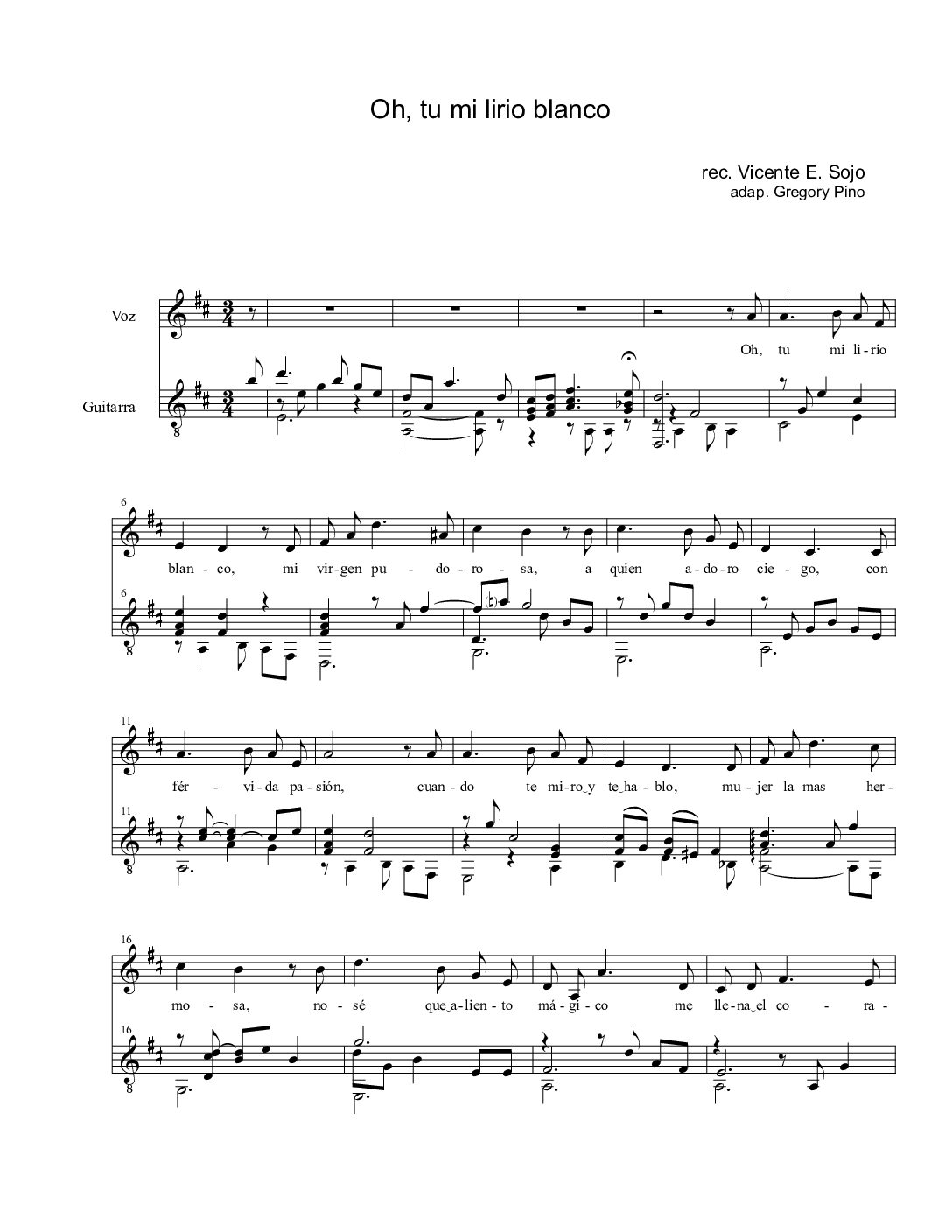 Oh tu mi lirio blanco - Guitarra y voz, en D